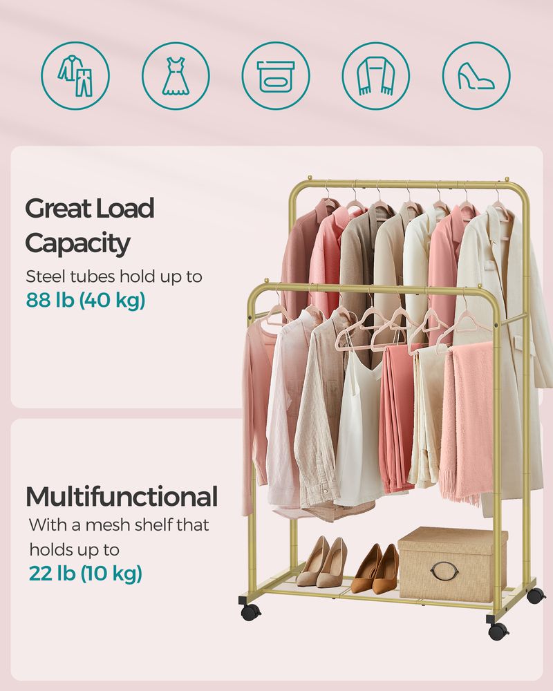 SONGMICS Clothes Rack with Wheels and Dense Mesh Storage Shelf 