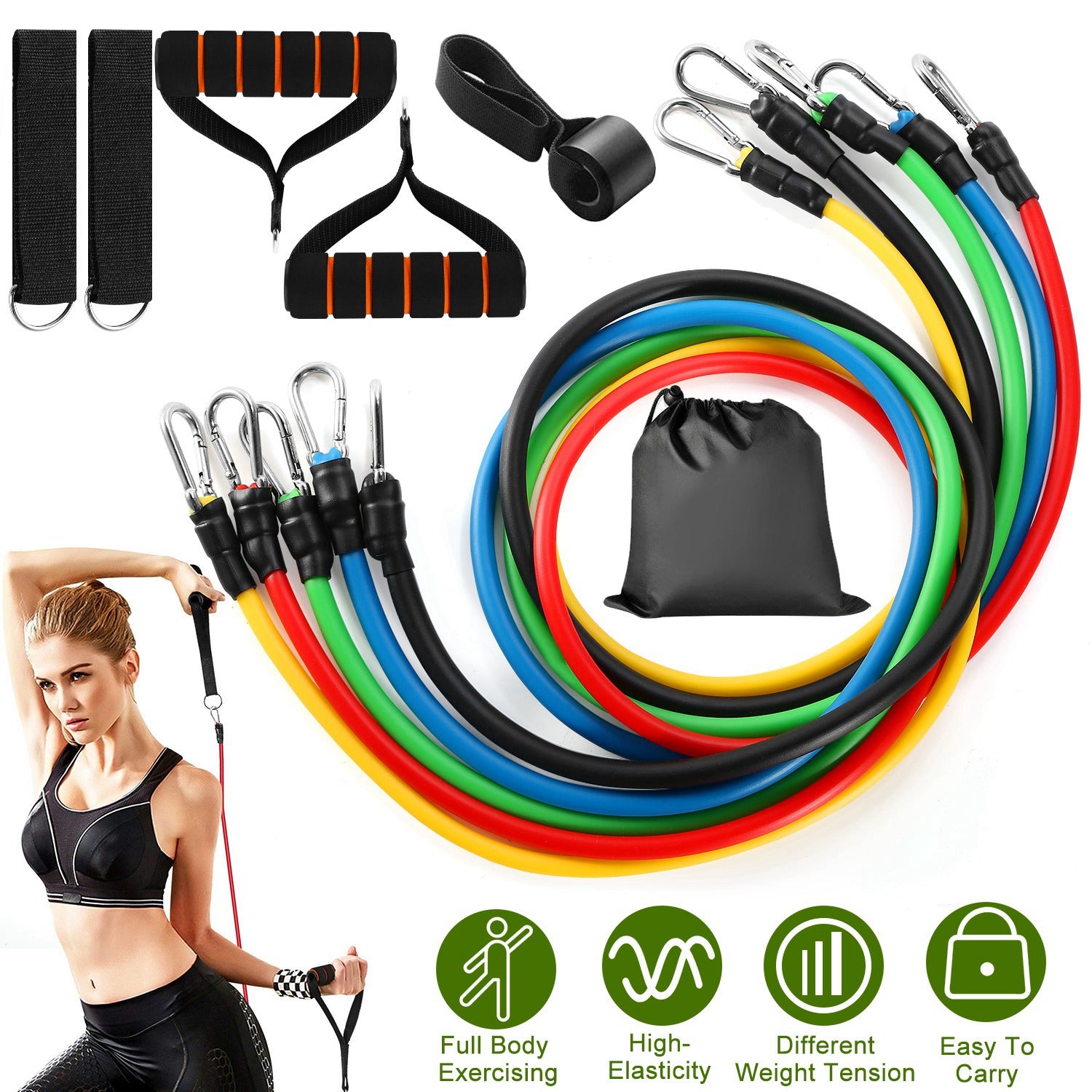 11Pcs Resistance Bands Set Fitness Workout Tubes Exercise Tube Bands Up to 100lbs w/ Door Anchor Handles Ankle Straps for Physical Training Yoga Pilat 