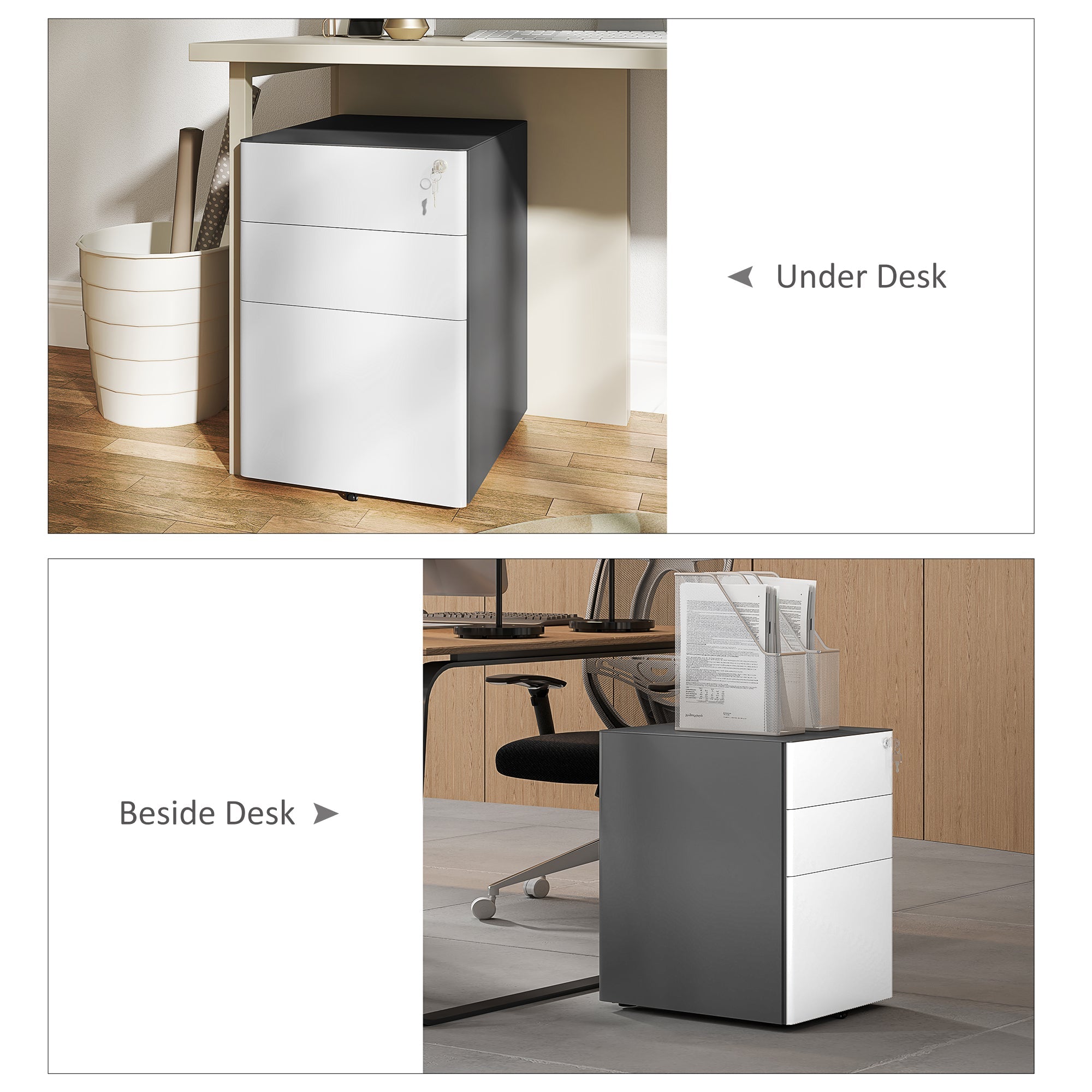 Vinsetto 3 Drawer Filing Cabinet, Home Office Storage Cabinet with Wheels, Lock for A4, Letters, Legal-sized Files, Grey and White 