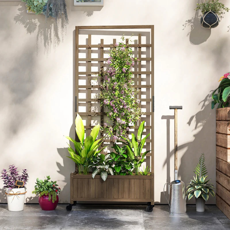 Wooden Planter with Trellis, Raised Garden Bed with Wheels, Drainage Holes for Climbing Plants, Flowers, Brown