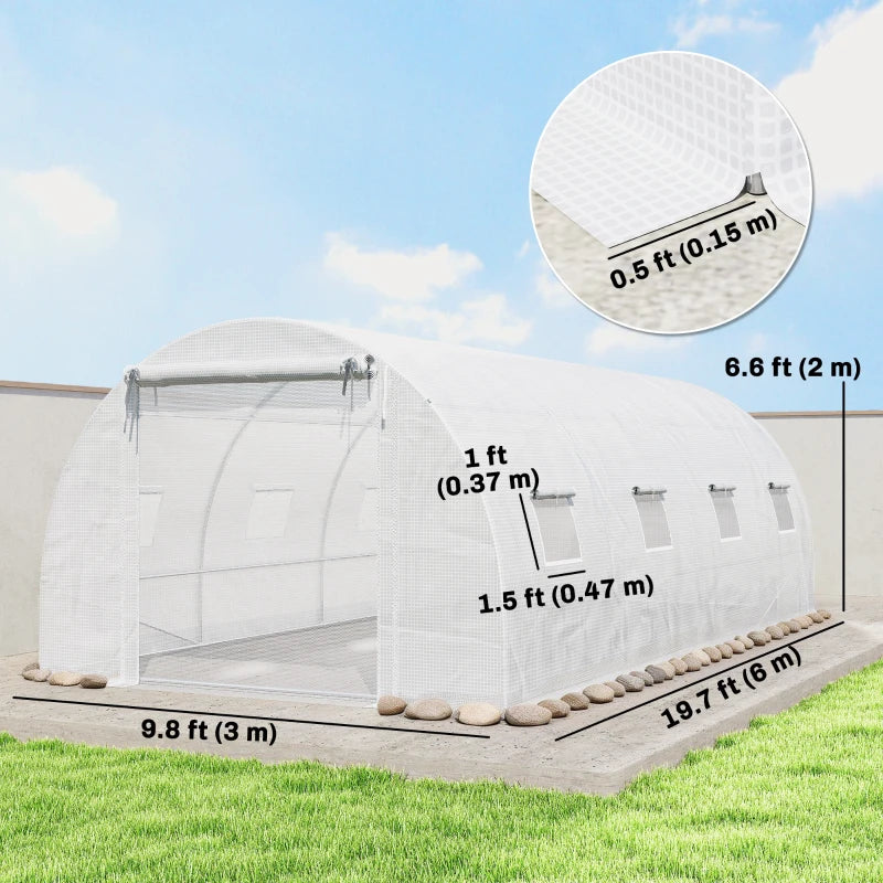 Walk-in Tunnel Greenhouse with 2 Support Rods, Mesh Door, Plant Hot House with PE Cover, 20'x10'x7', White