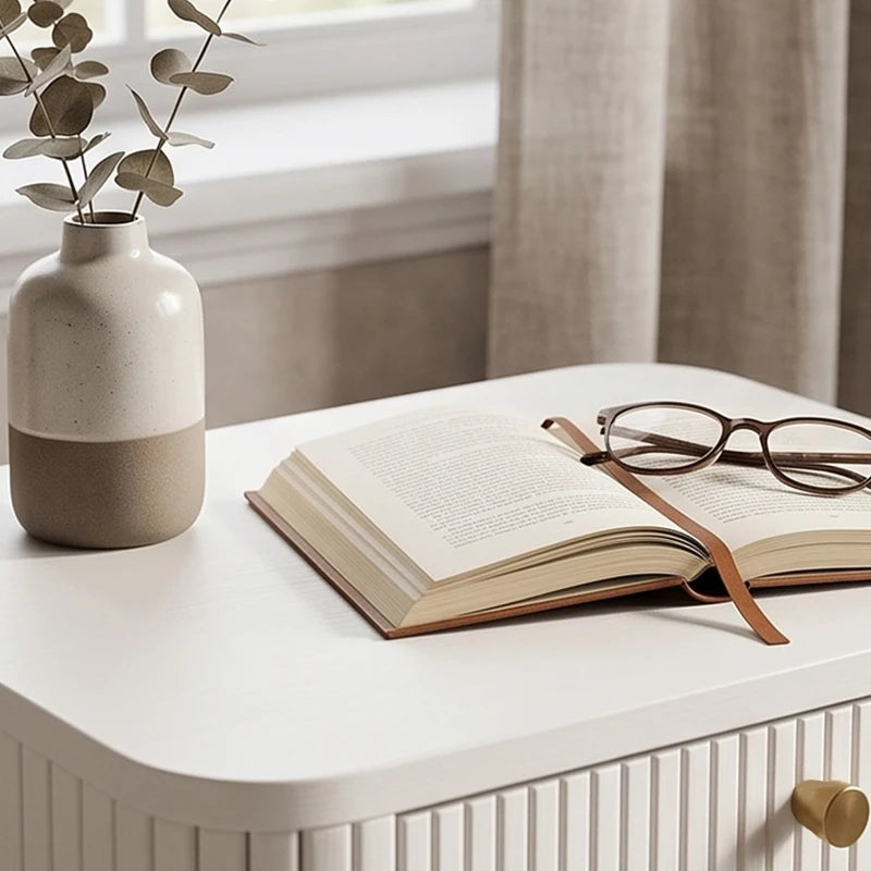 Modern Nightstand Set of 2 with 2 Drawers, White Wood Grain Bedside Tables with Gold Handles