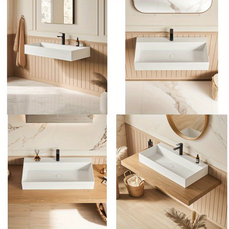 30" x 18" Solid Surface Wall Mount Rec Matte White Vel Sink with Faucet Hole 