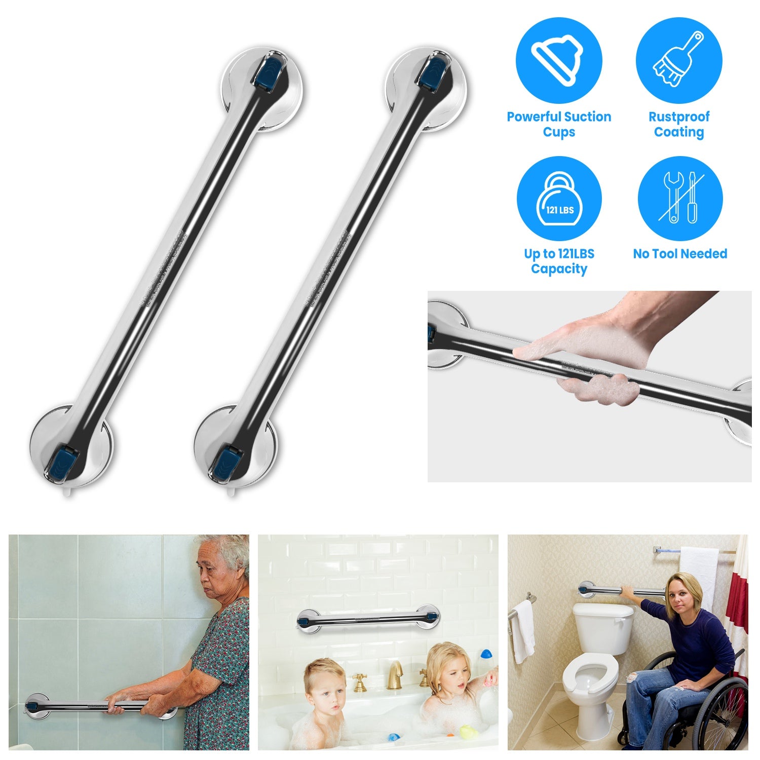 2Pcs Shower Grab Bars with Powerful Suction Cups 21.7in Long Waterproof Rustproof Bathroom Stool Bathtub Handicap Shower Grip Handle For Senior Elderl