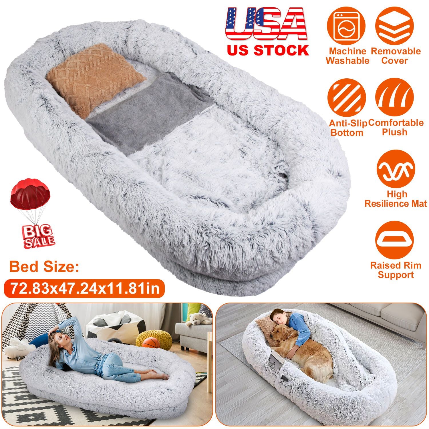 Human Size Dog Bed with Pillow Blanket 72.83x47.24x11.81in Bean Bag Bed Washable Removable Flurry Plush Cover Large Napping Human-Sized Bed For Adults