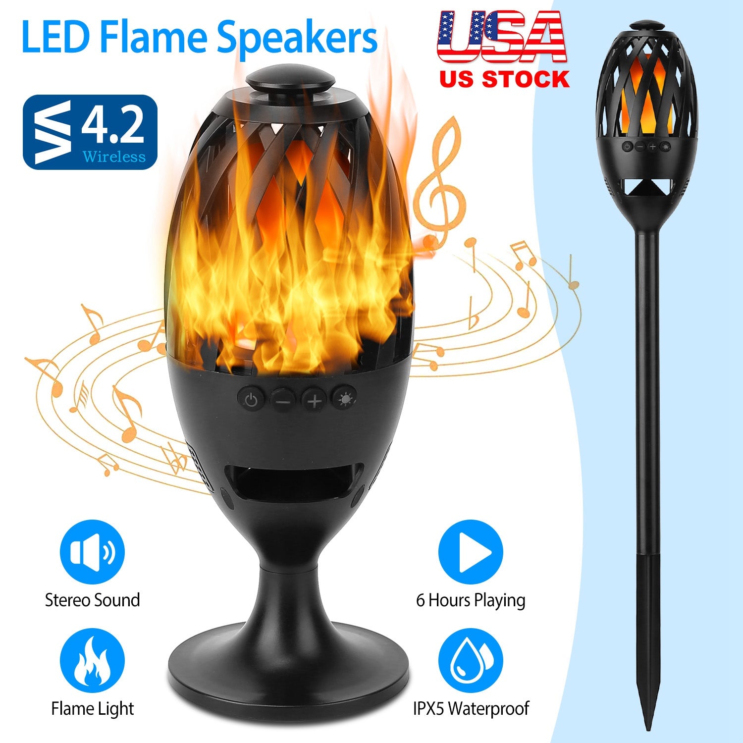 LED Flame Speakers Torch Wireless Speaker Waterproof Stereo Bass Speaker Outdoor Light-Up Speaker Atmosphere LED Flickers Night Light Patio Stake Ligh