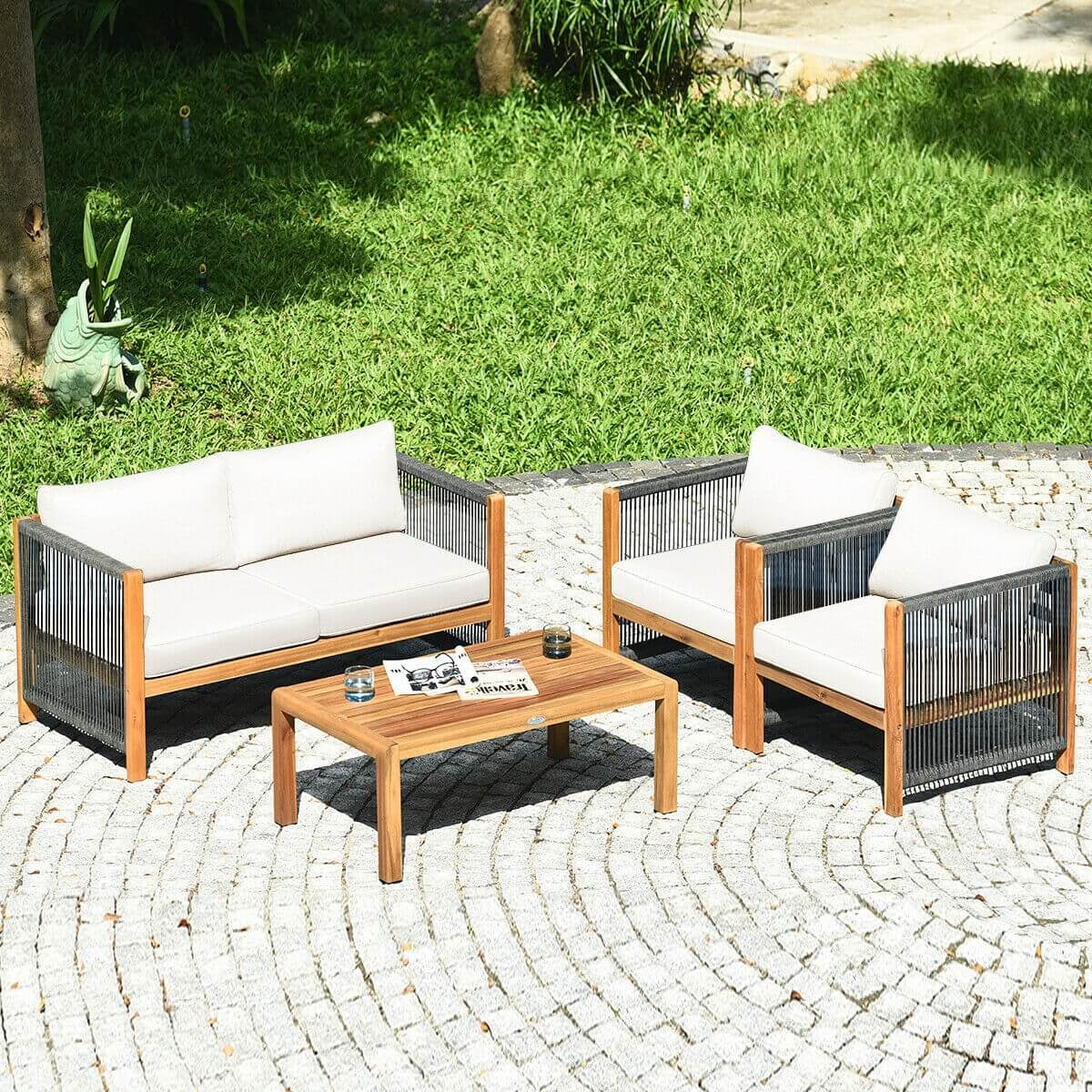 4 Pcs Acacia Wood Outdoor Patio Furniture Set with Cushions-White