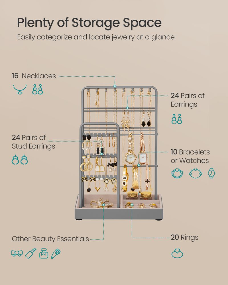 SONGMICS Jewelry Holder with Metal Frame and Velvet Tray 