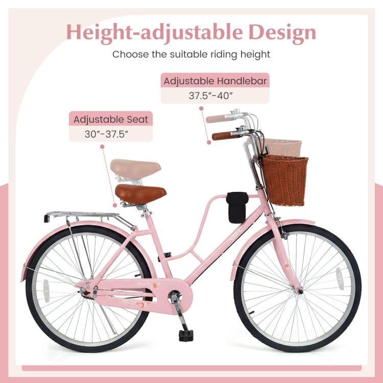 26-Inch Beach Cruiser Bike with Cup Holder and Woven Basket - Pink