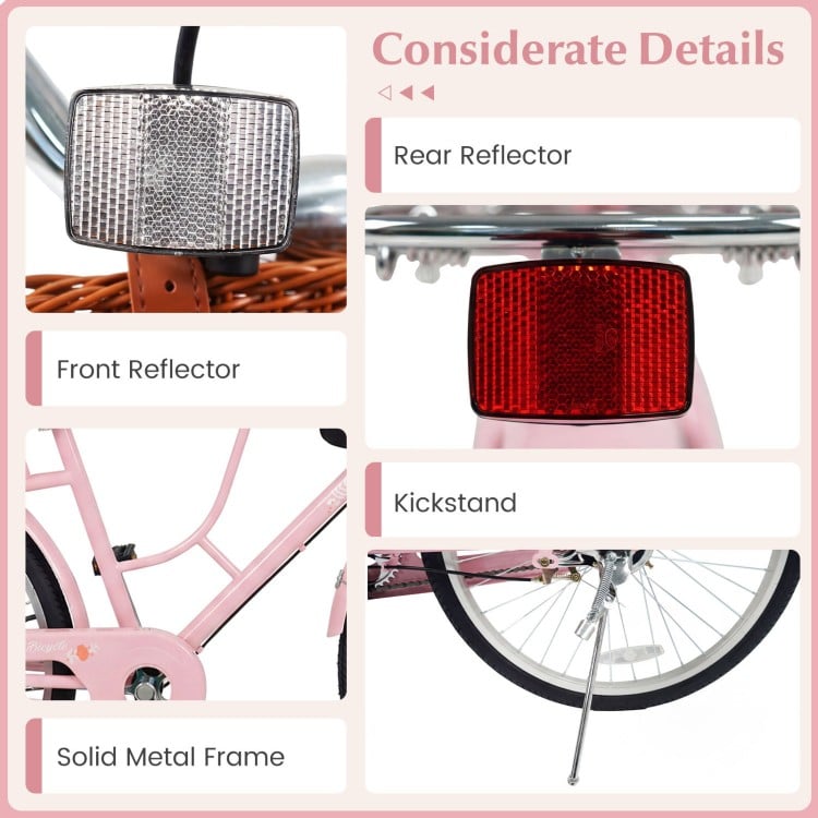 26-Inch Beach Cruiser Bike with Cup Holder and Woven Basket - Pink