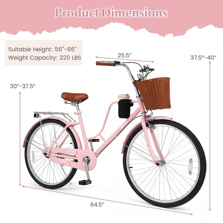 26-Inch Beach Cruiser Bike with Cup Holder and Woven Basket - Pink
