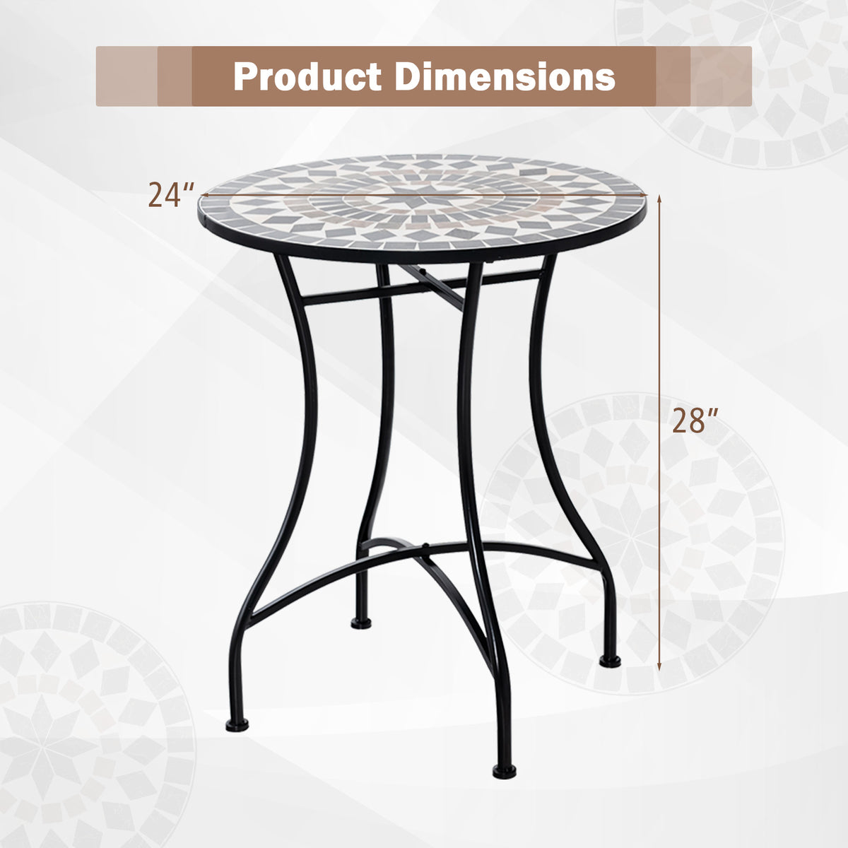 24" Patio Bistro Table with Mosaic Ceramic Tile Top & Heavy-Duty Metal Frame
