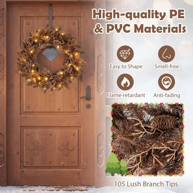 24 Inch Pre-lit Christmas Wreath with 105 Branch Tips and 35 Warm White LED Lights