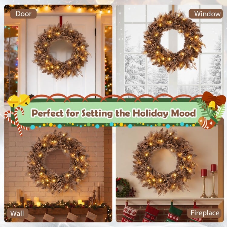 24 Inch Pre-lit Christmas Wreath with 105 Branch Tips and 35 Warm White LED Lights