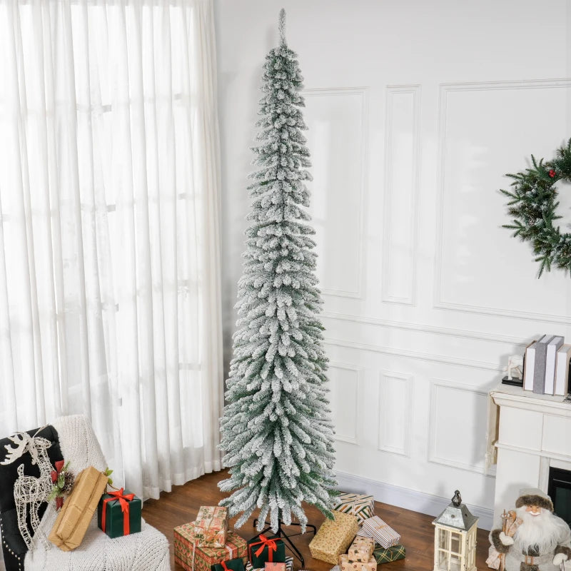 HOMCOM 7ft Snow-Flocked Artificial Christmas Tree – Slim Pencil Design, 490 Realistic Branches, Metal Base, Green 