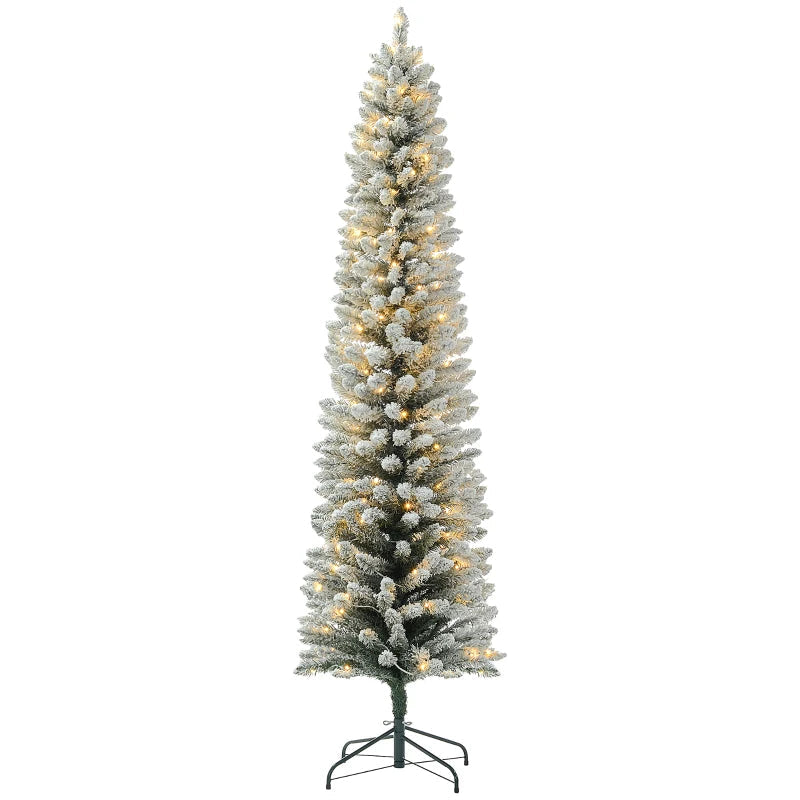 HOMCOM 5FT Prelit Pencil Christmas Tree with Warm White LED Lights, Slim Artificial Snow Flocked Xmas Tree with Metal Base 