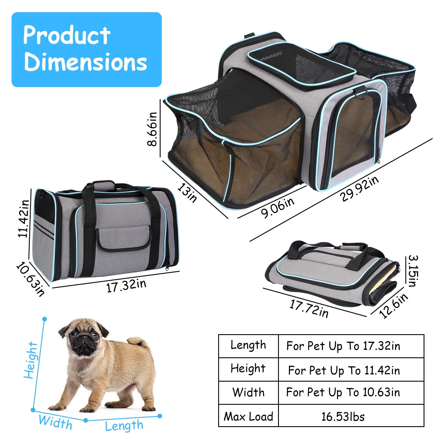 Expandable Pet Carrier Airline Approved Cat Dog Carrier Cat Collapsible Soft Carrier Bag with Removable Fleece Pad Pockets Breathable Mesh Adjustable