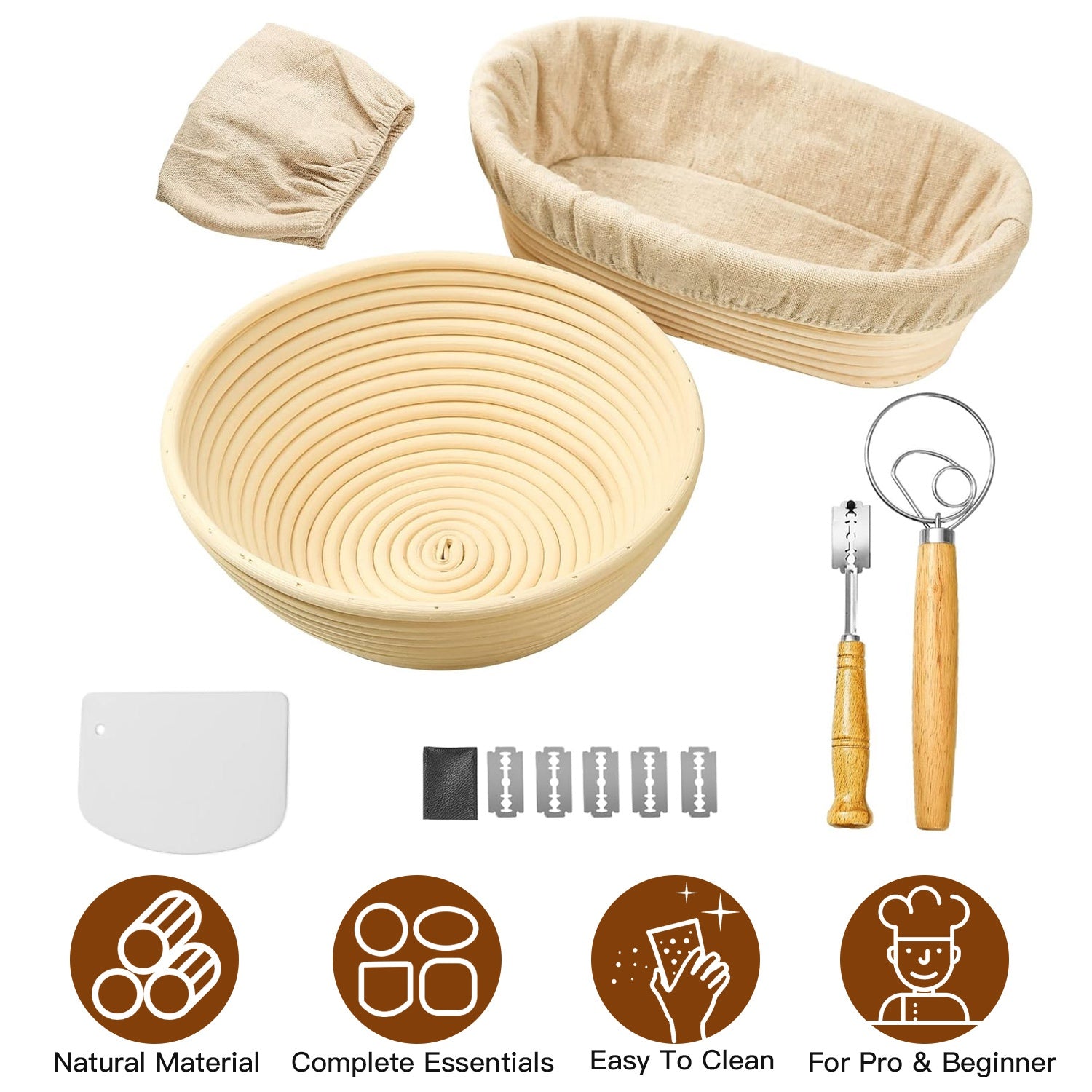 Complete Bread Baking Kit Banneton Proofing Basket Set 9In Round And 10In Oval Basket With Linen Liner Lame Dough Scraper Whisk