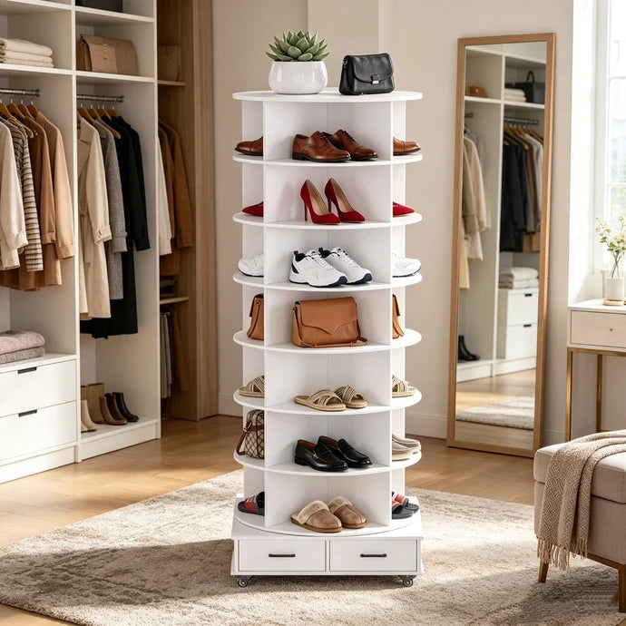 AECOJOY 8-Tier Rotating Shoe Rack with 2 Drawers & 4 Lockable Casters