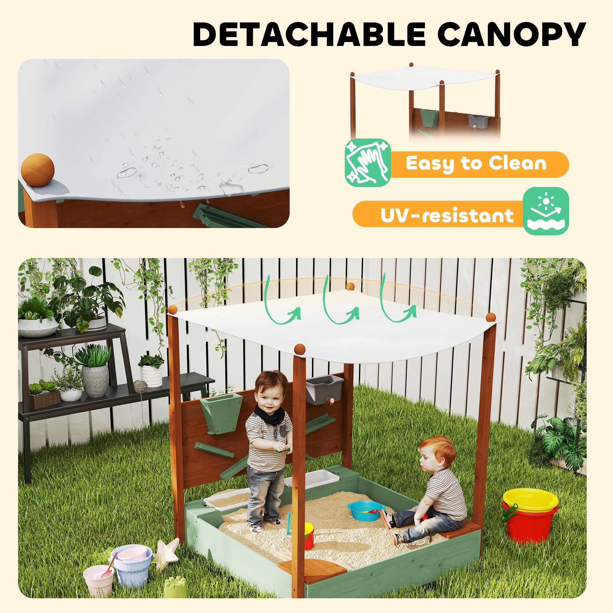 Qaba Wooden Kids Sandbox with Canopy, Sand Wall, Bottom Liner, for 3-6 Years, 46" x 44" W x 50", Green 