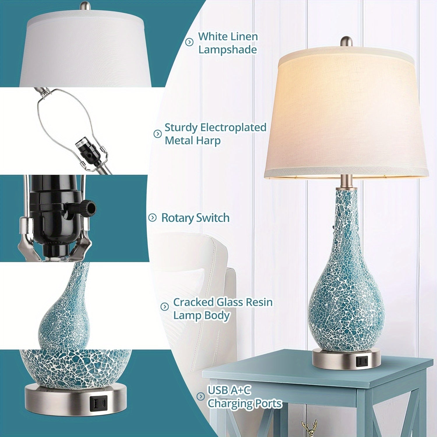 Blue Table Lamps For Bedroom Set Of 2,  With USB A+C Ports, 26" Coastal Large Nightstand Lamp - LED Bulb Included 