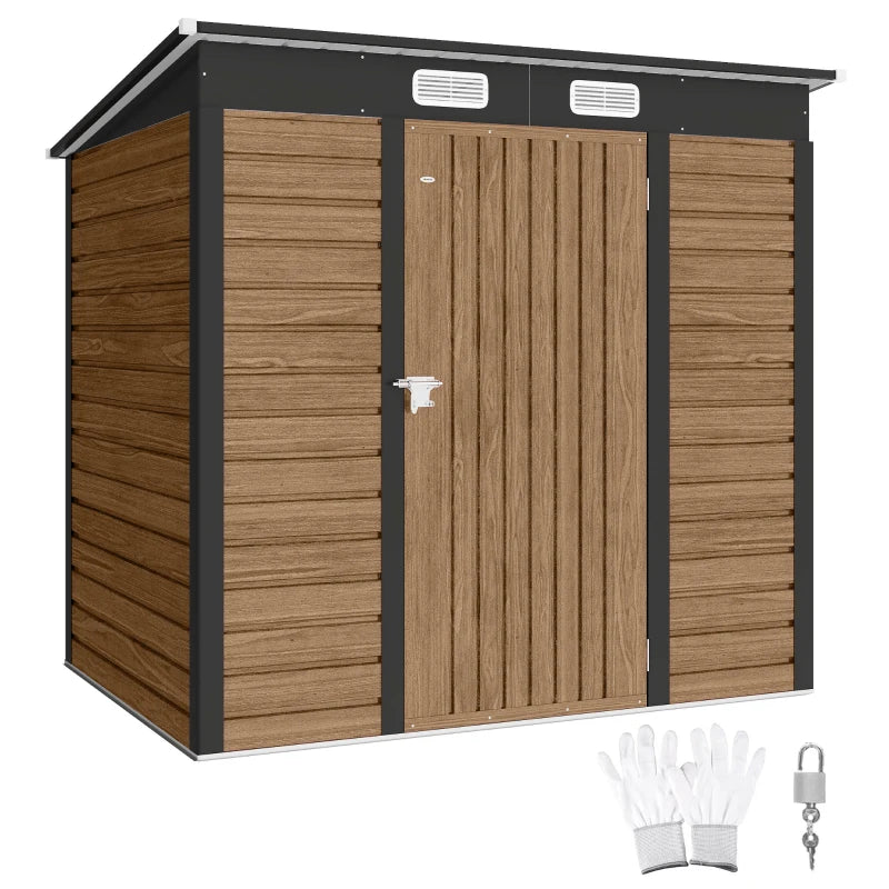 6' x 4' Galvanized Garden Storage Shed, Metal Outdoor Shed with Double Doors and 2 Vents, Teak