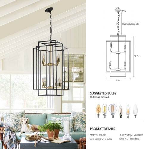 8 Lights Black & Gold Lantern Tiered Chandelier, Industrial Farmhouse Chandelier - No Bulbs 