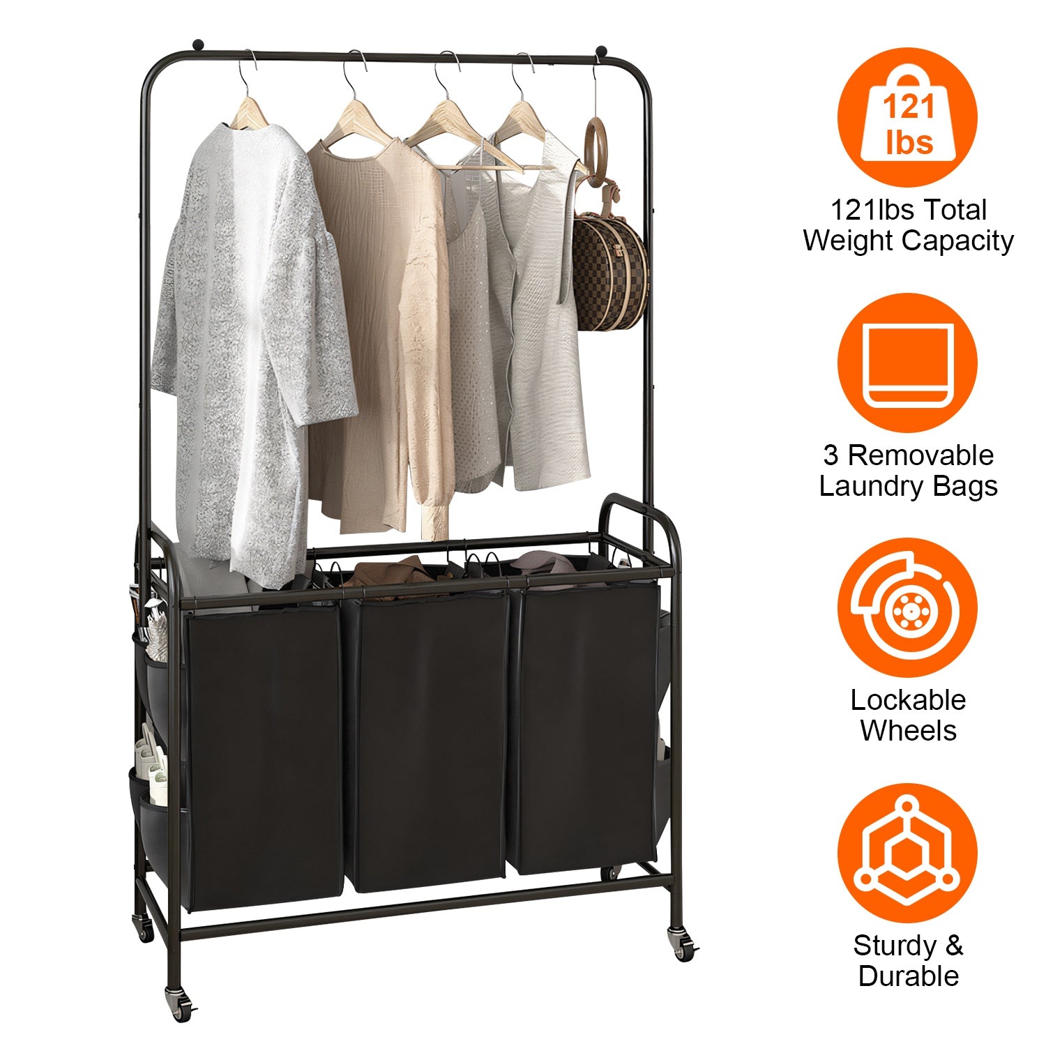 3 Bags Laundry Sorter with Garment Hanging Bar Laundry Hamper Rolling Cart Laundry Basket Organizer with Lockable Wheels 3 Removable Bags 