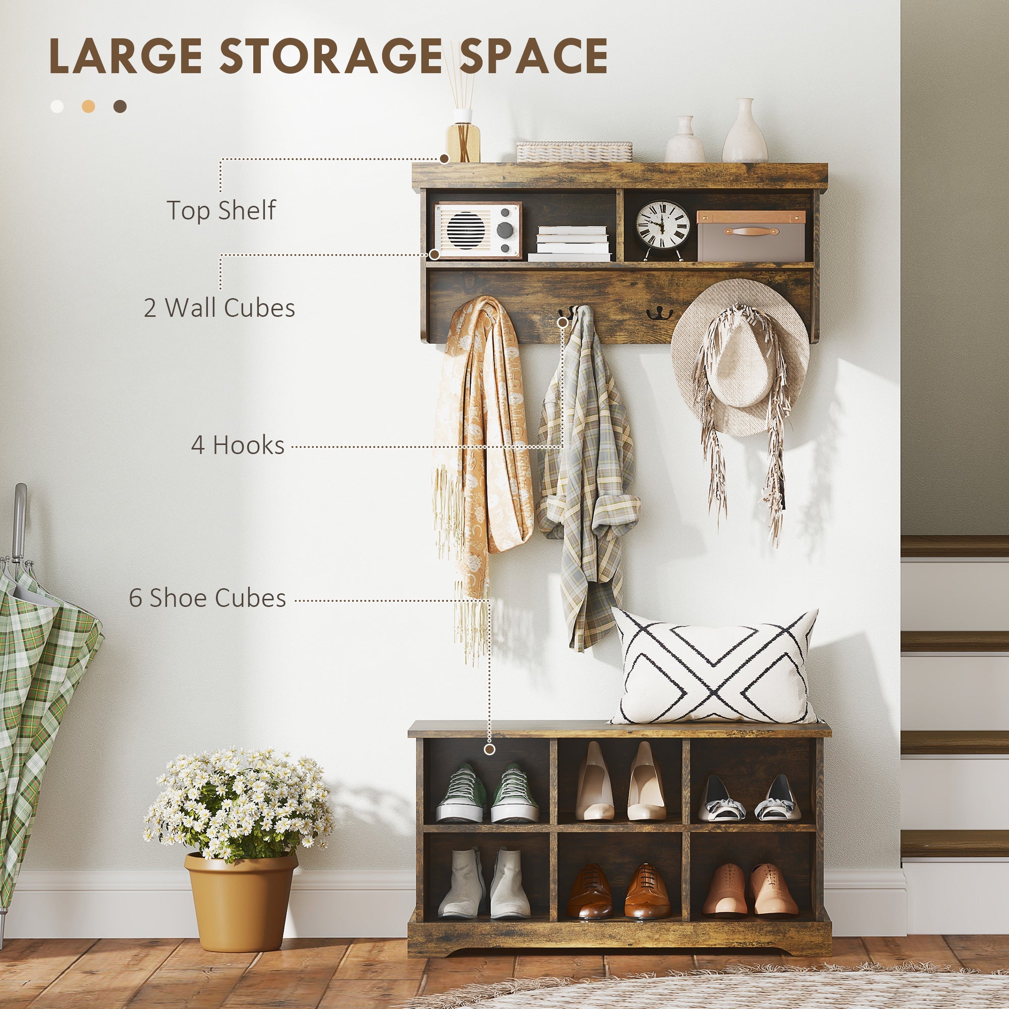 HOMCOM Coat Rack Shoe Bench Set, Entryway Shoe Bench with 8 Storage Cubbies, 4 Hooks for Hallway, Living Room, Rustic Brown 