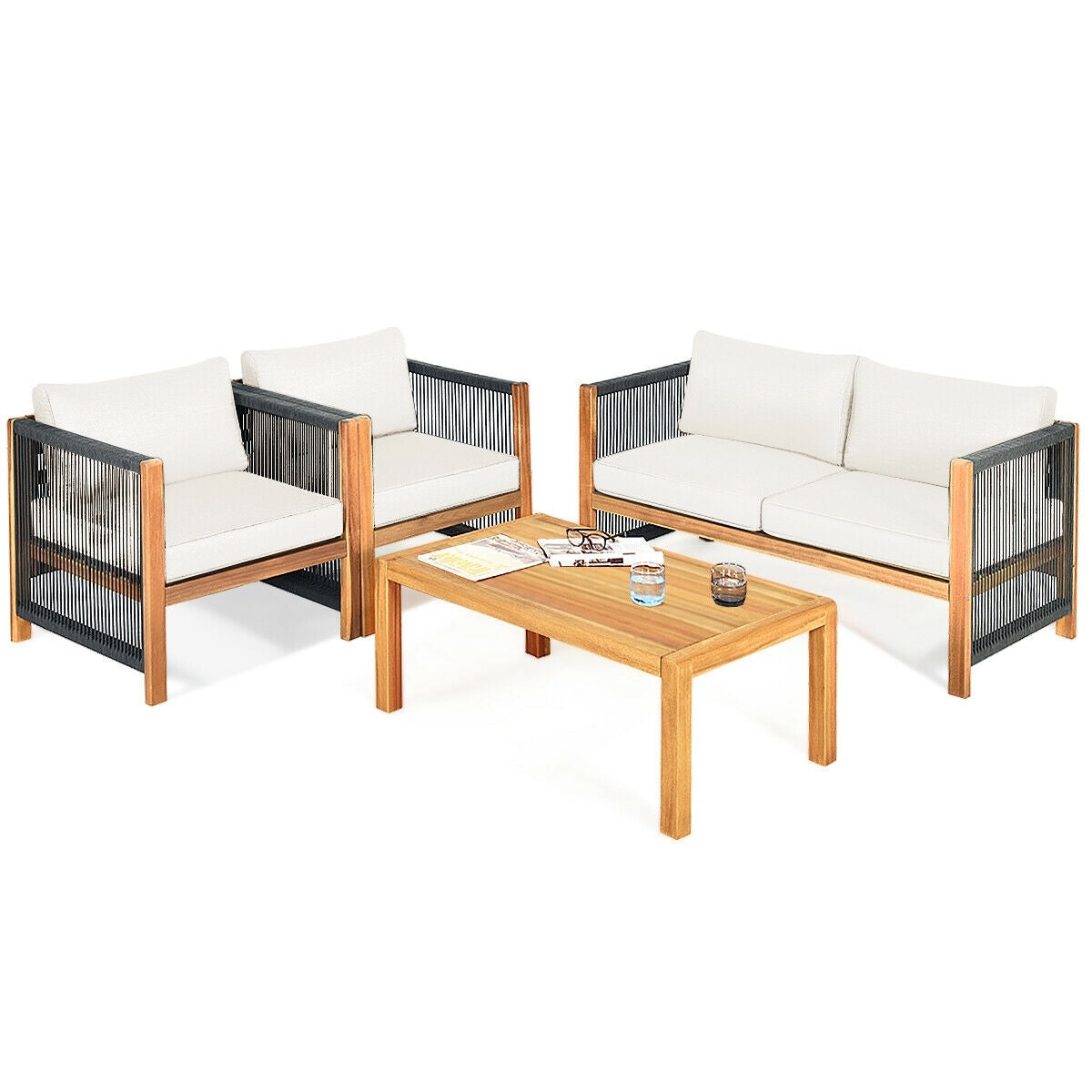 4 Pcs Acacia Wood Outdoor Patio Furniture Set with Cushions-White