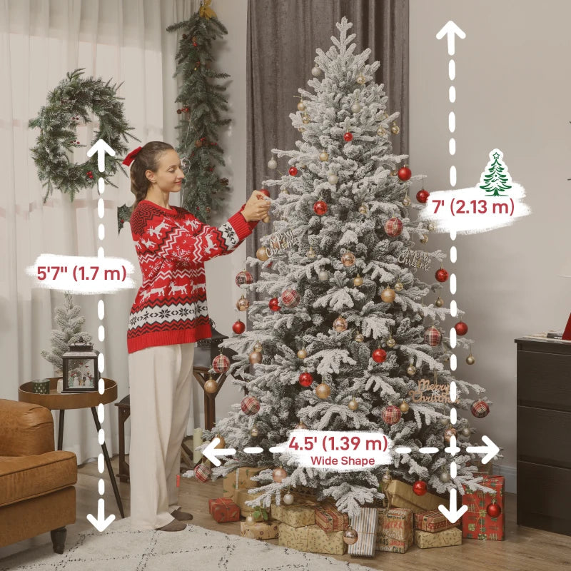 HOMCOM 7FT Artificial Flocked Christmas Tree, Full Snow-Covered Pine Xmas Tree with Realistic Tips, Hinged Branches, and Metal Stand 