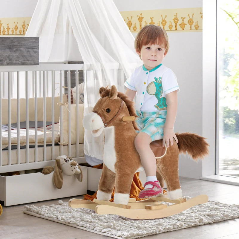 Qaba Kids Rocking Horse Plush Animal on Wooden Rockers with Sounds, Wooden Base, Baby Rocking Chair, Brown