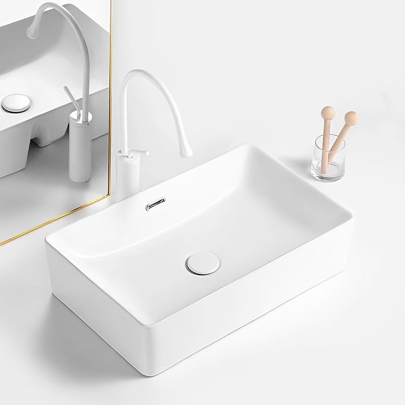 Modern Nordic Style Ceramic Vanity Sink - Rectangular Countertop Basin with Black Faucet for Home, Hotel, or Bathroom - Classic White Design, Freestanding Installation, Bathroom Sink 