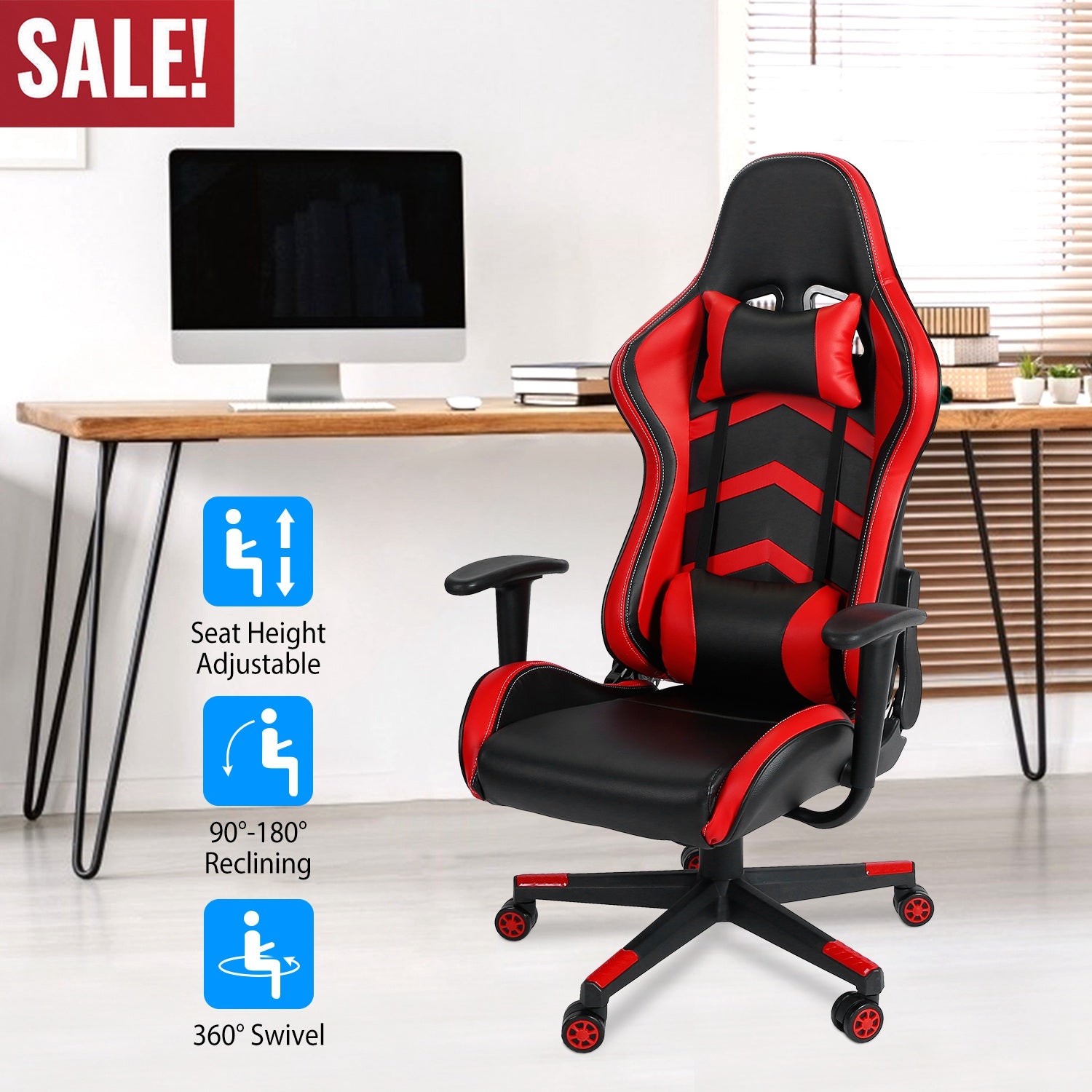 Gaming Racing Chair Ergonomic PC Computer Chair E-Sports Gamer Office Task Swivel Chair w/ Height Adjustment Headrest Lumbar Support 265lbs Load Capac