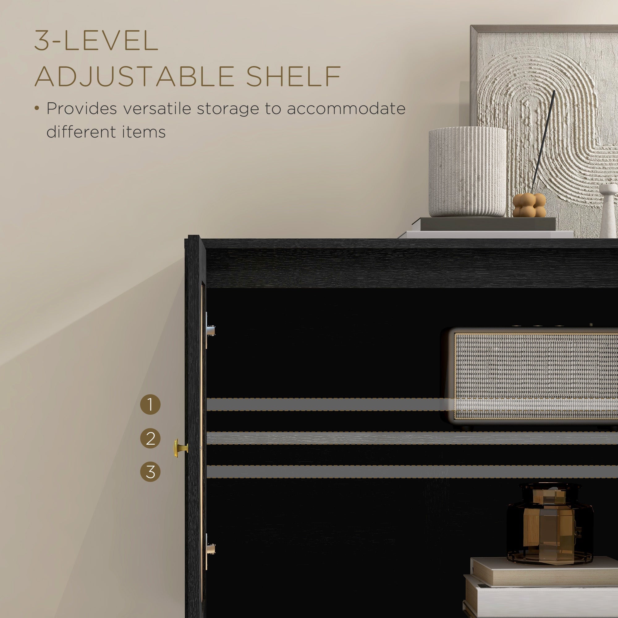 HOMCOM Boho Black TV Stand Cabinet: Buffet with Rattan Doors, Adjustable Shelf & Space for TVs up to 42 Inches 