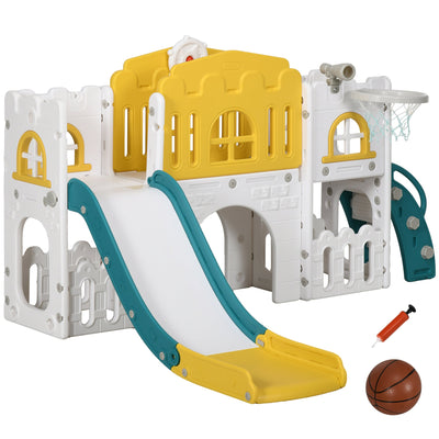 Qaba 7 in 1 Toddler Slide with Basketball Hoop, Climber, Telescope, Tunnel, Steering Wheel, for 1-3 Years, Yellow 