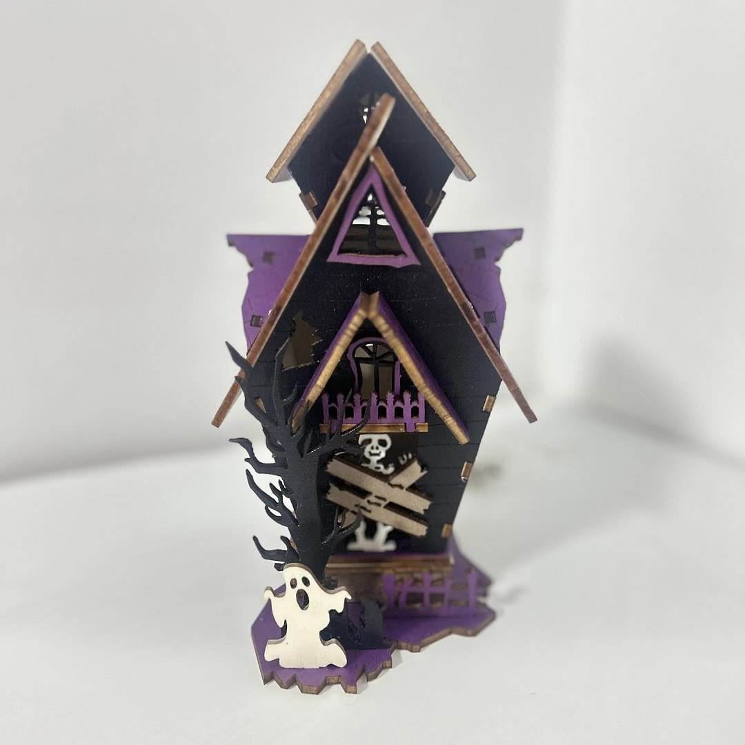 Halloween DIY Wooden Glowing Haunted House Table Decoration 