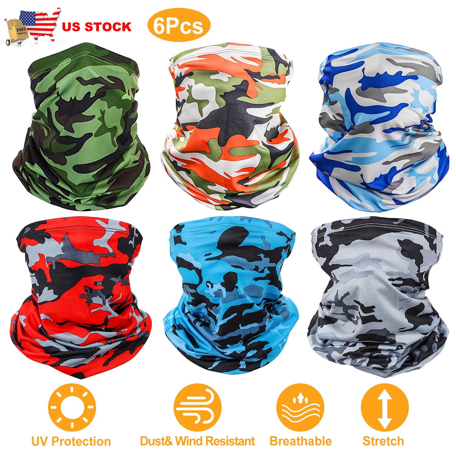 6Pcs Summer Neck Gaiter UV Sunscreen Protection Face Mask Scarf Breathable Cooling Shield Coverings For Cycling Hiking Fishing Running Motorcycle