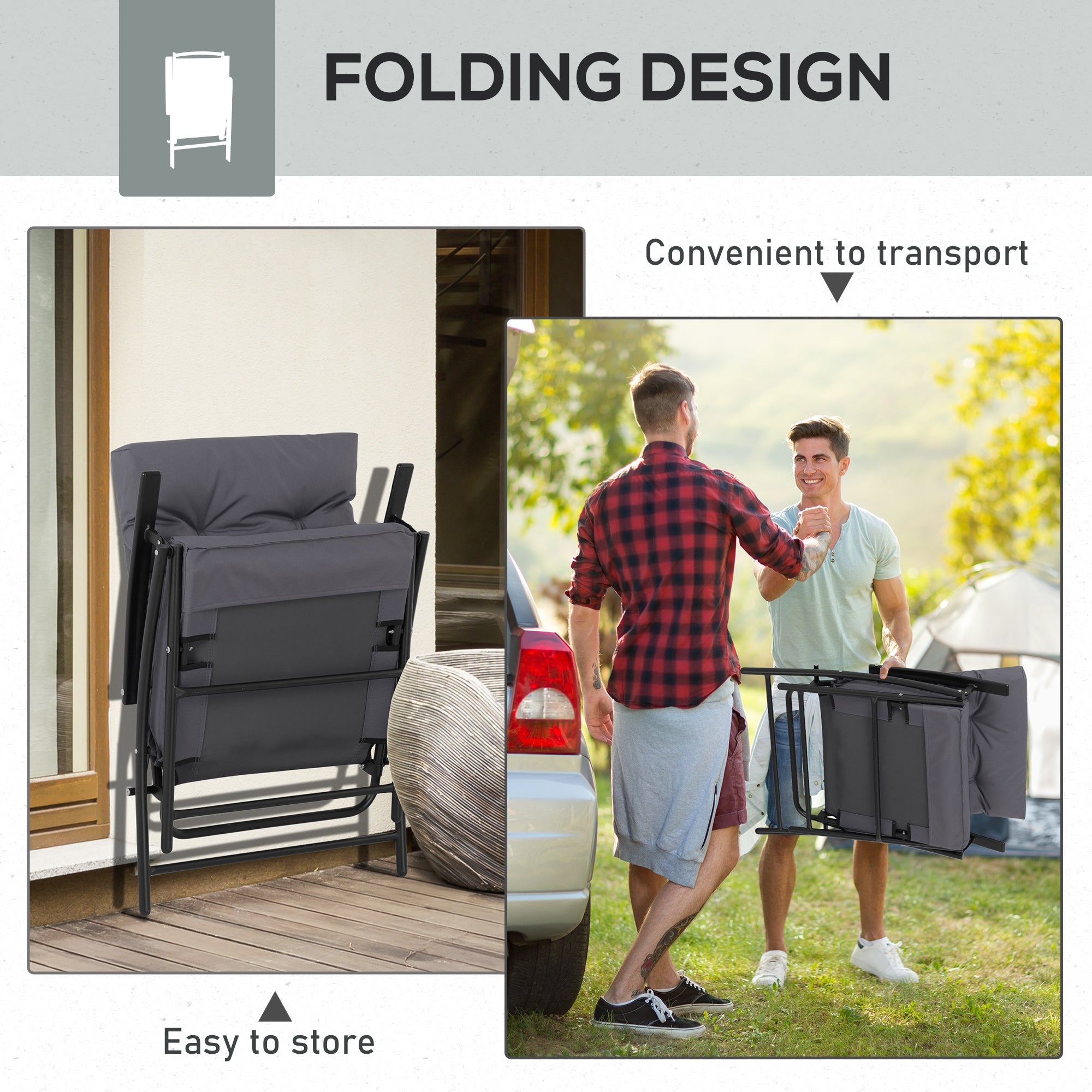 Outsunny Padded Folding Chair Set of 2 with Adjustable Backrest for Outdoor Camping Grey 
