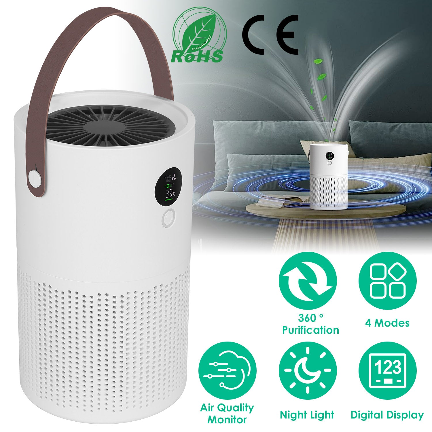 Portable Anion Air Purifier Electronic Air Sterilization with 4 Modes Night Light Max 215.3Sq.ft Air Cleaner with Handle for Home Office Car Air Quali