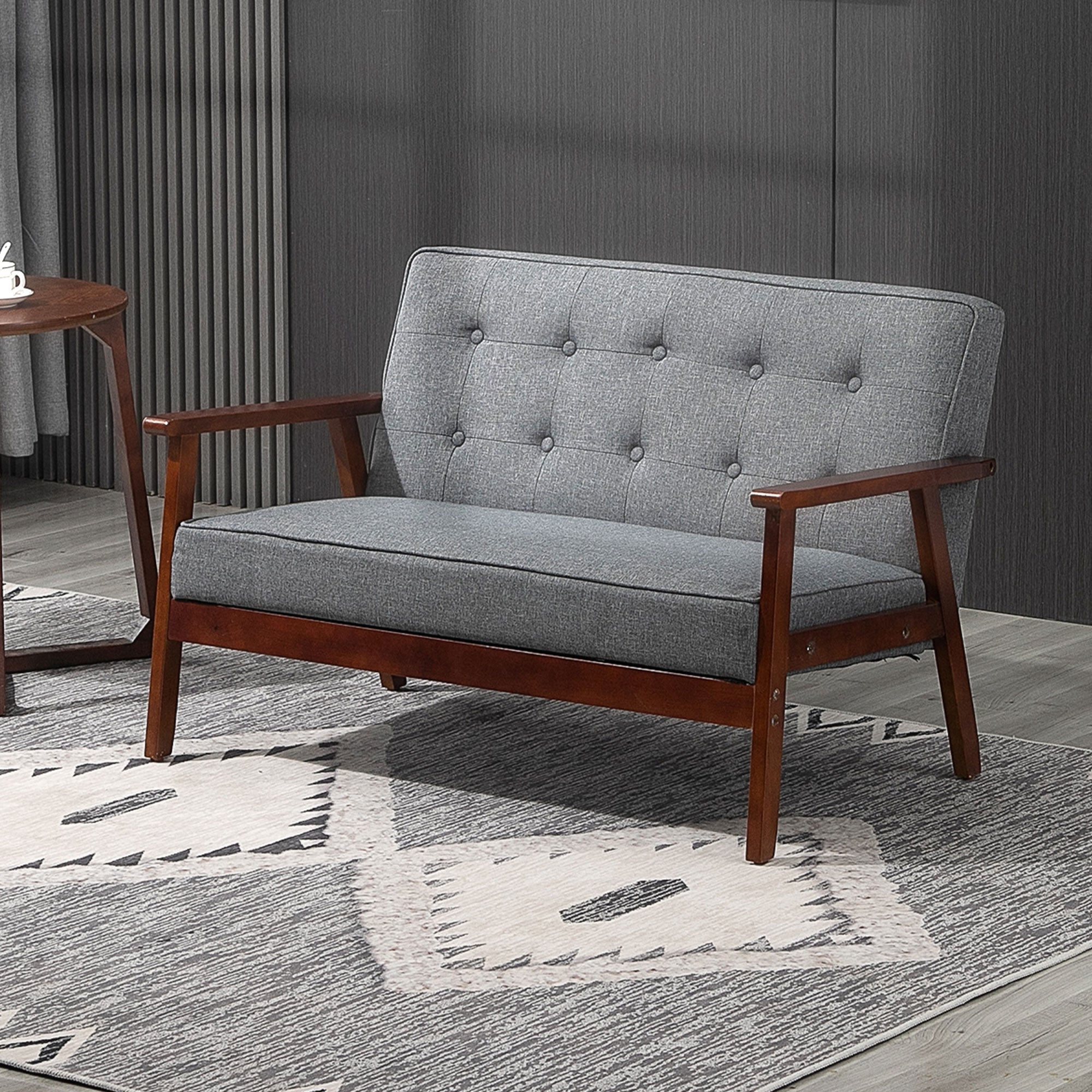 HOMCOM 45" 2 Seat Sofa for Bedroom, Modern Upholstered Loveseat with Button Tufted Back and Wood Legs, Grey 