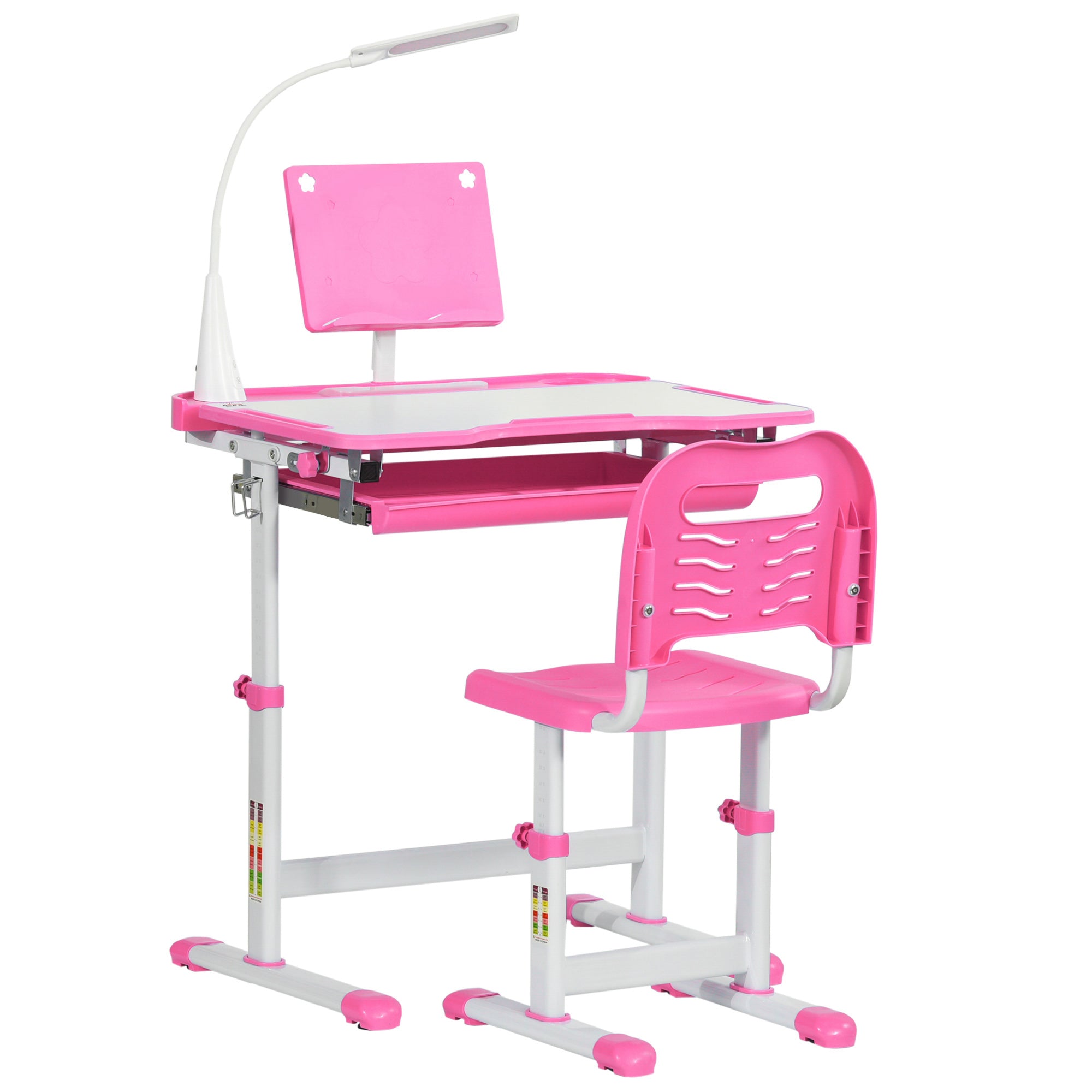 Qaba Adjustable Kids Desk Chair Set with Tilt Desktop LED Lamp Pink for Student Study Comfort 