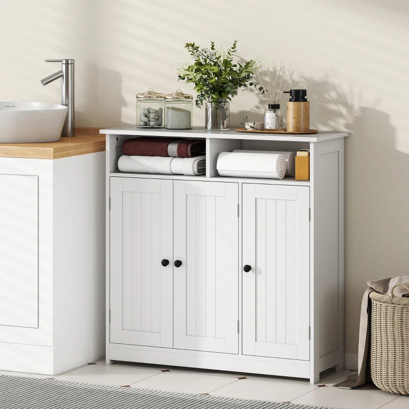Bathroom Floor Cabinet, Freestanding Bathroom Storage Unit with 3 Doors, 2 Open Shelves and Adjustable Shelf, White