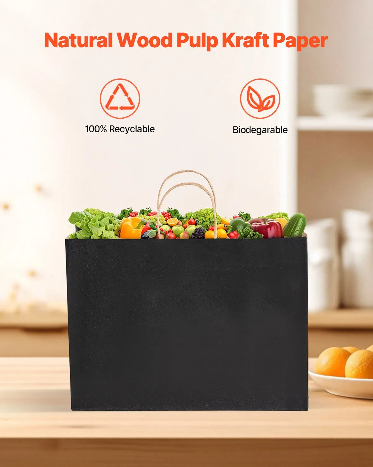 VEVOR Kraft Paper Bags with Handles – 50/100Pcs, 16 x 6 x 12 in, Large Reusable & Recycled Grocery/Party Bags – White, Brown, Black 