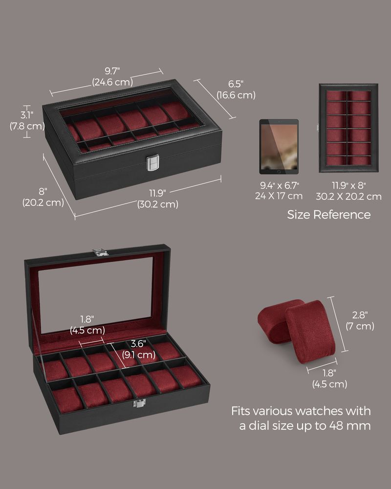 SONGMICS 6 & 12-Slot Watch Box with Large Glass Lid 