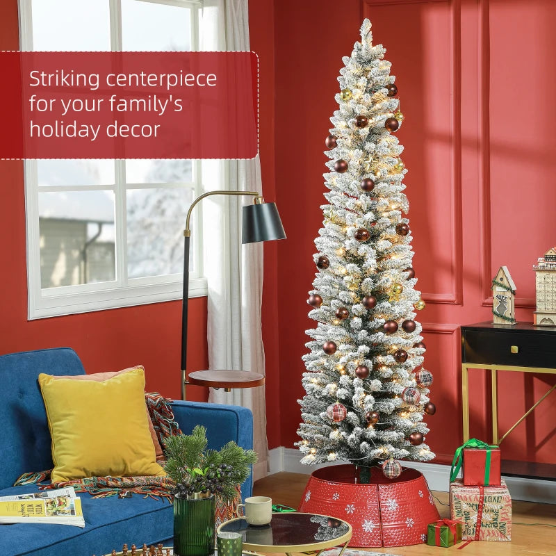 HOMCOM 5FT Prelit Pencil Christmas Tree with Warm White LED Lights, Slim Artificial Snow Flocked Xmas Tree with Metal Base 