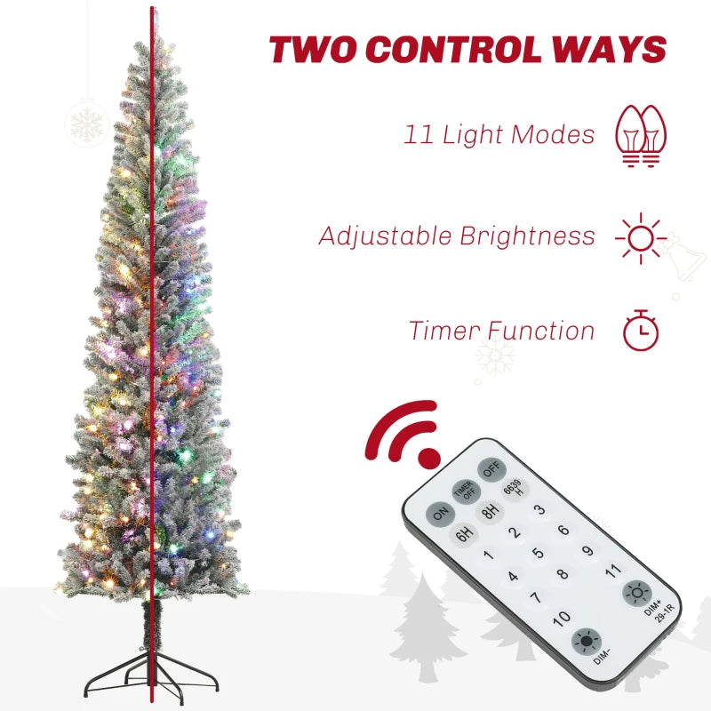 HOMCOM 6FT Prelit Pencil Christmas Tree with Remote, Slim Artificial Flocked Xmas Tree with Dual-Colour LED Lights, 429 Tips & Metal Stand 