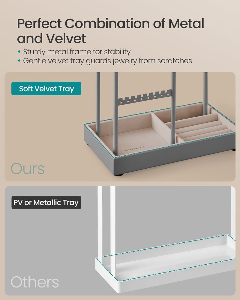 SONGMICS Jewelry Holder with Metal Frame and Velvet Tray 