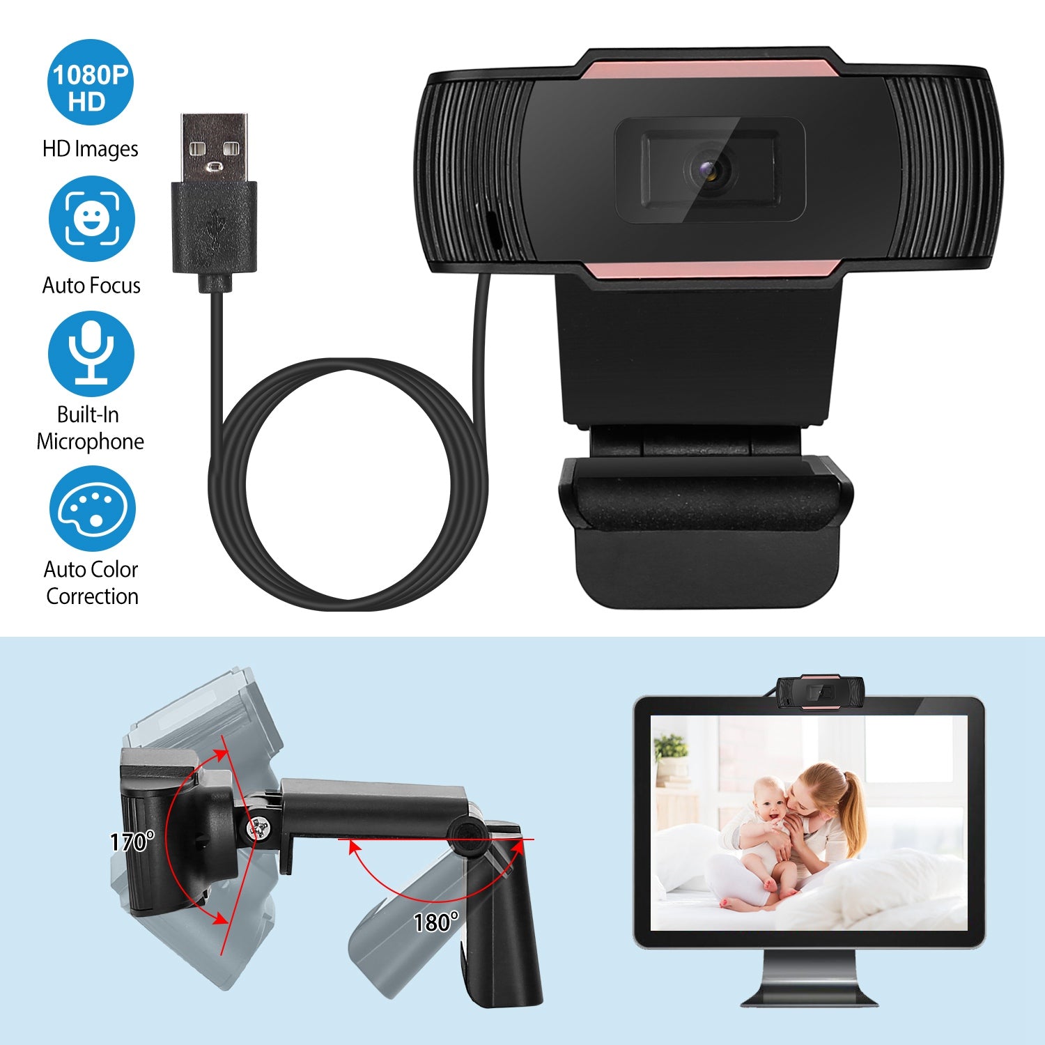 1080P USB Webcam Streaming USB Camera 170° Vertical Adjustment w/ Clip For PC Video Conferencing Gaming Facetime Broadcast 