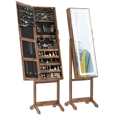 HOMCOM Lockable Jewelry Armoire with LED Light Standing Mirror with Storage for Bedroom Dressing Room Rustic Brown 